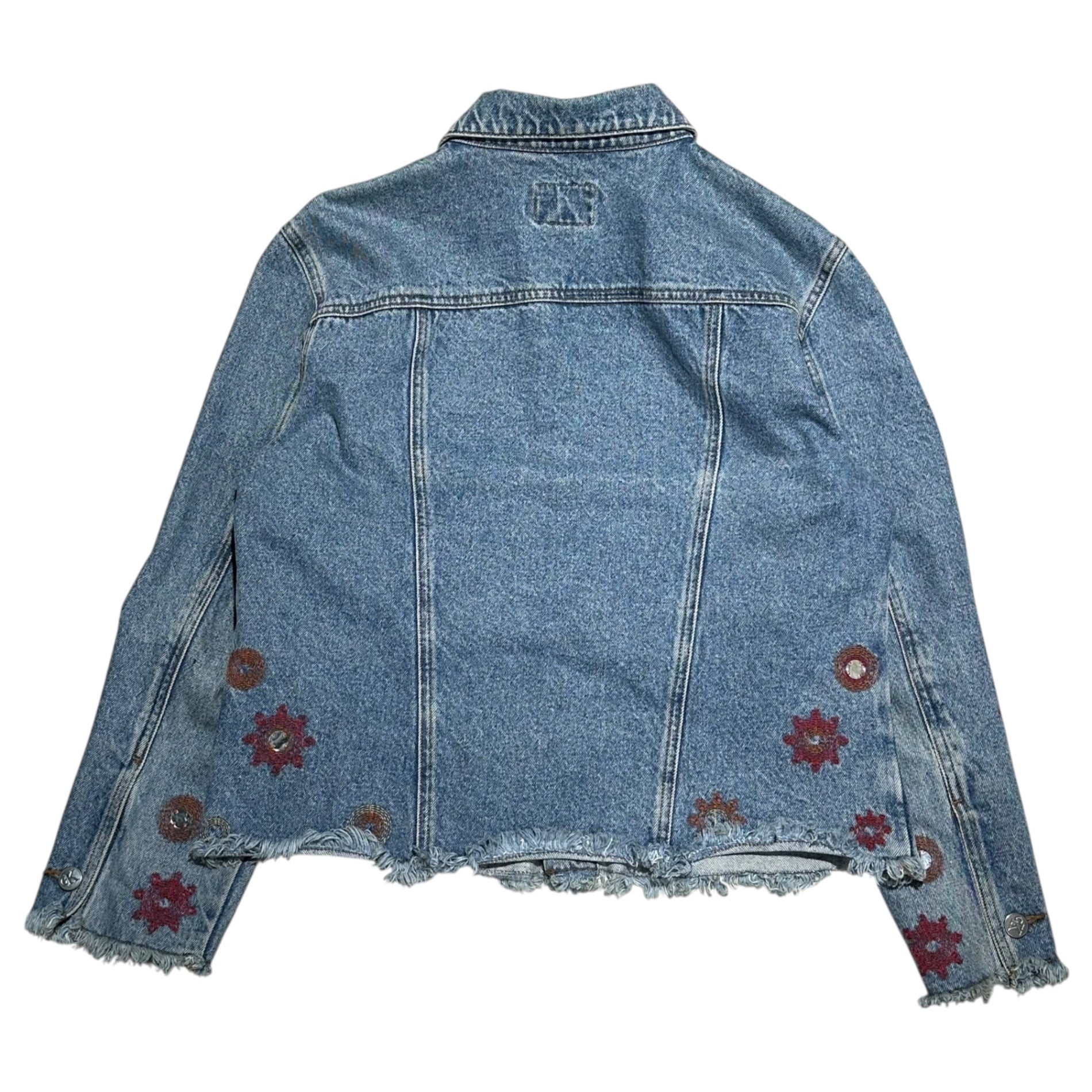 Calvin Klein Jeans(カルバンクラインジーンズ) 90~00's Flower Stitch Remake Raw-Edge Denim Jacket 花 ステッチ リメイク 切りっ放し デニム ジャケット ライトインディゴ