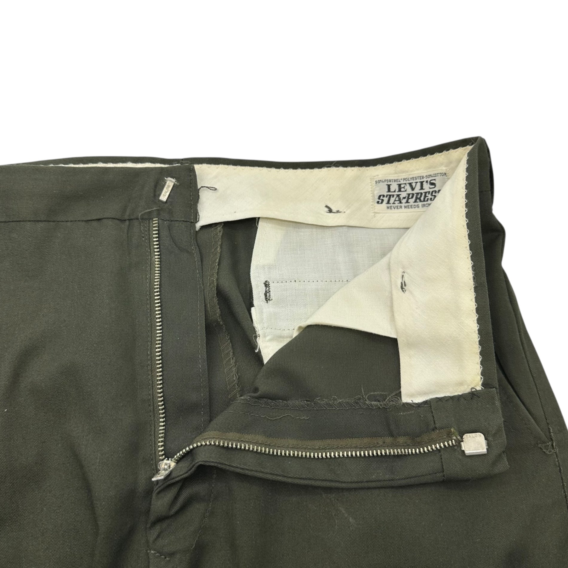 Levi's(リーバイス) 60's USA made CONMAR ZIP STA-PREST スタプレ テーパード スラックス 表記無(実寸W約79cm) オリーブ 推定60年代 ヴィンテージ パンツ
