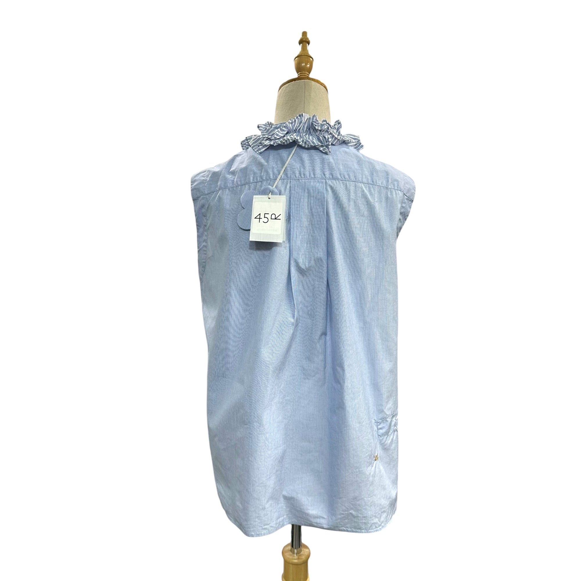 45R(フォーティファイブ・アール) 2024SS Broadcloth Mixed-Ruffle Sleeveless Top ブロードのミックスフリルノースリーブトップ 参考定価46200円 70630532-75-03 3(L程度) スカイブルー×ホワイト ストライプ フリル