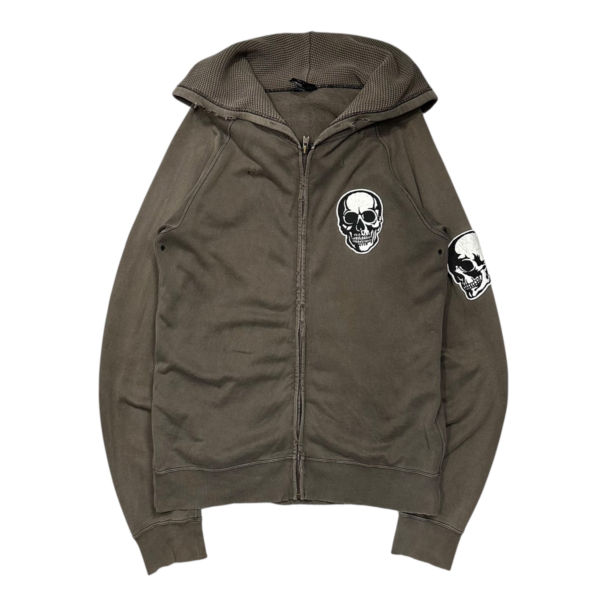 NUMBER (N)INE(ナンバーナイン) 2004SS "DREAM BABY DREAM" ドリーム期 Skull Patch Zip-Up Hoodie スカル パッチ ジップ パーカー 2 ブラウン 00's ダメージ加工