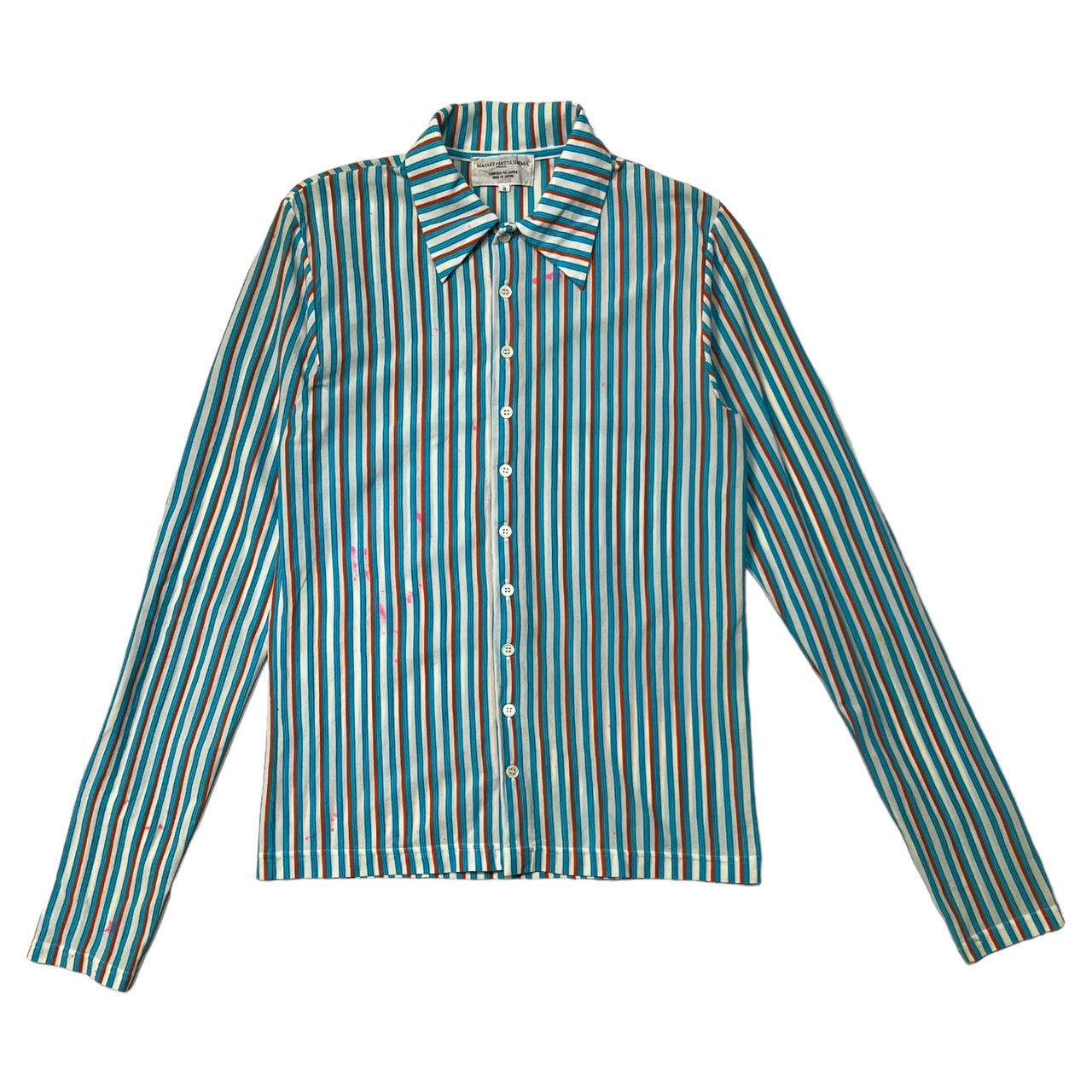 MASAKI MATSUSHIMA(マサキマツシマ) 00's  Painted striped shirt ペンキ加工 ストレッチ ストライプシャツ 長袖 3(L程度) ホワイト×ブルー