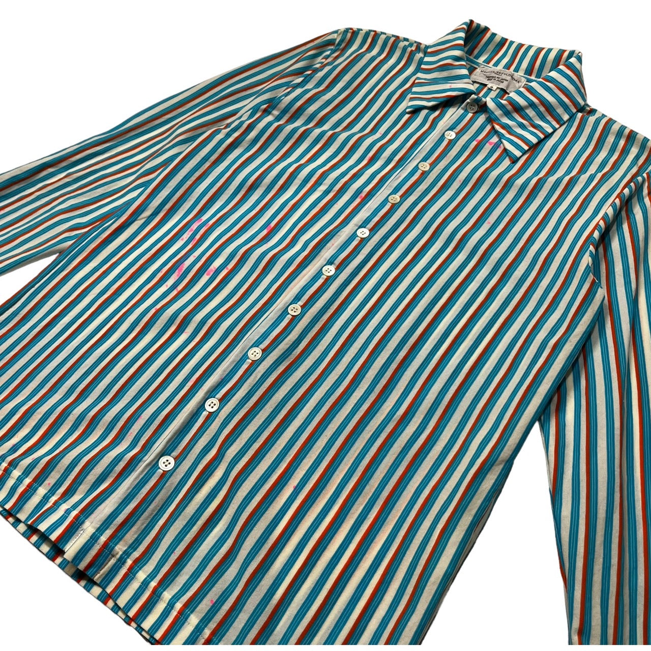 MASAKI MATSUSHIMA(マサキマツシマ) 00's Painted striped shirt ペンキ加工 ストレッチ ストライプシャツ  長袖 3(L程度) ホワイト×ブルー