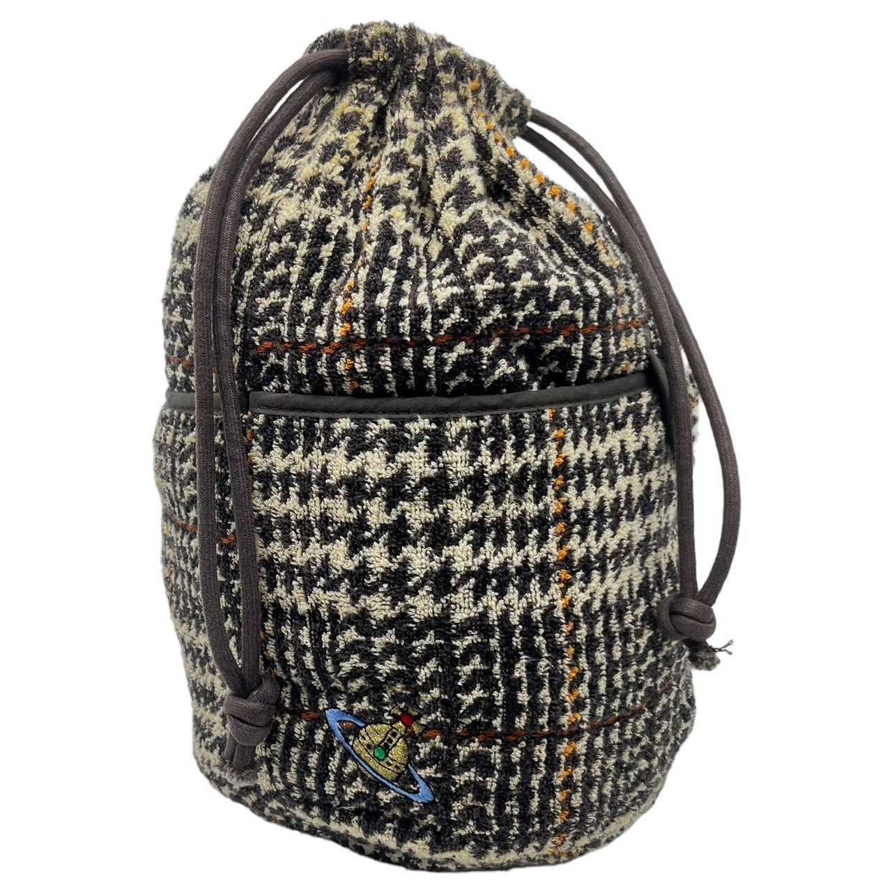 Vivienne Westwood(ヴィヴィアンウエストウッド) 00's tweed drawstring bag ツイード 巾着 バッグ ポーチ オーブロゴ ブラウン×ベージュ