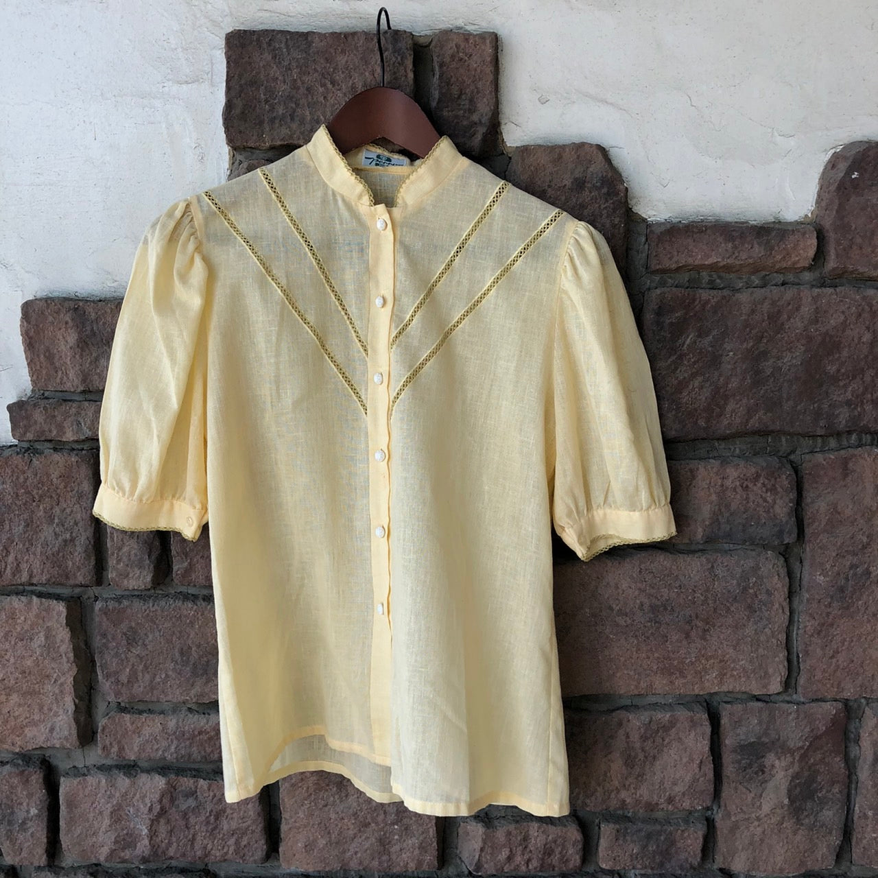 Vintage(ヴィンテージ) パプスリーブ×フレンチボタン半袖シャツ 36(Mサイズ程度) イエロー ドイツ製