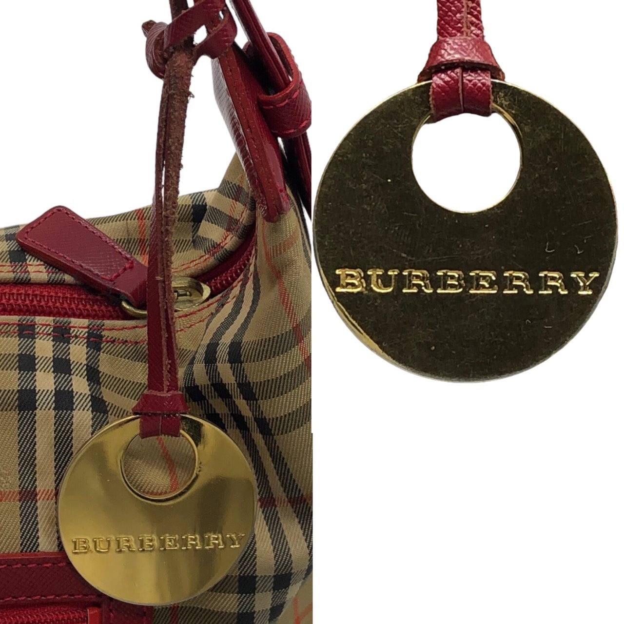 BURBERRY(バーバリー) ノバチェックワンショルダーバッグ/肩掛け/ハンドバッグ/レザーキャンパス ベージュ×レッド ロゴチャーム付/ホースロゴ