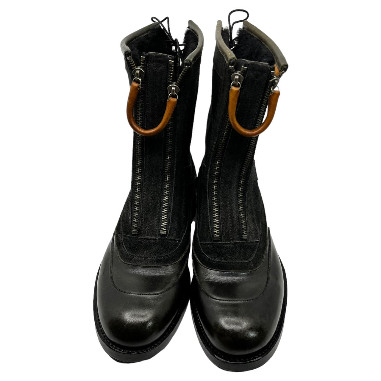 foot the coacher(フットザコーチャー) leather handle double zip boots レザーハンドル ダブルジップ ブーツ 本革 SIZE表記無し ブラック×ブラウン 内ボア