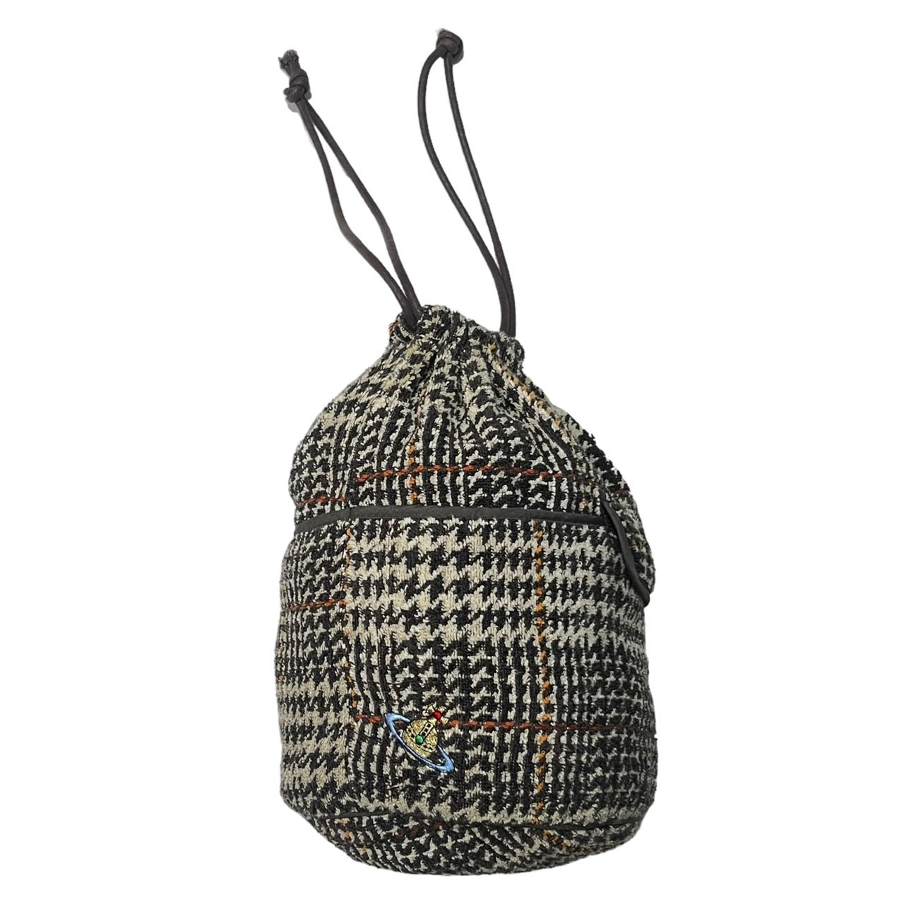 Vivienne Westwood(ヴィヴィアンウエストウッド) 00's tweed drawstring bag ツイード 巾着 バッグ ポーチ オーブロゴ ブラウン×ベージュ